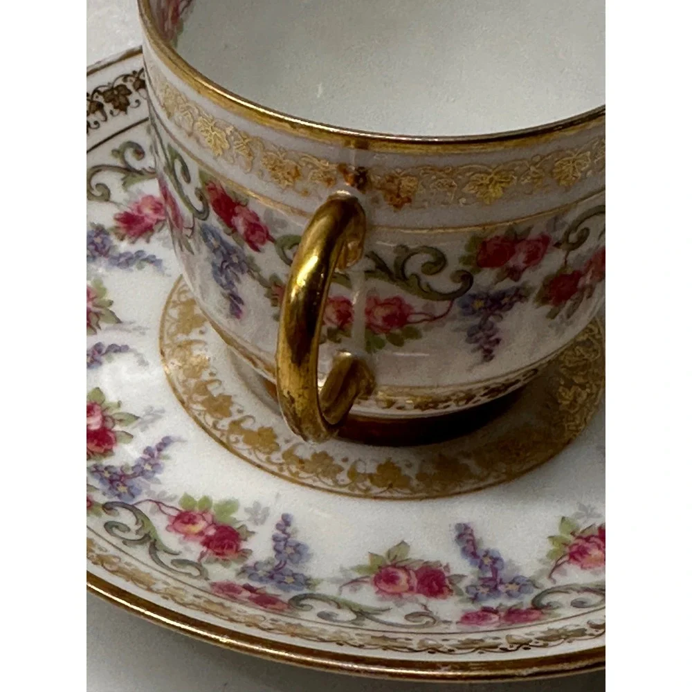 J. Pouyat Limoges France Porcelain Tea Cup and Saucer Set Gold Gilt Pink Rose